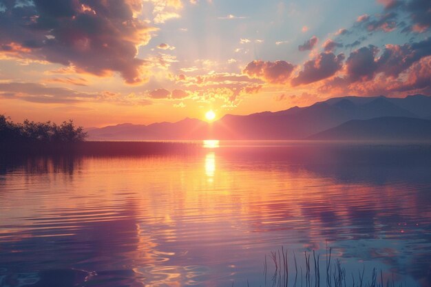 Vibrant sunset over a tranquil lake