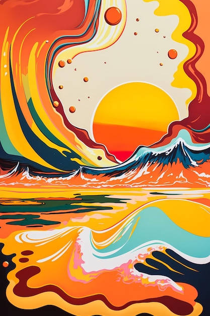 Vibrant Sunset Over Tropical Ocean A Serene abstract Liquid Background on Sandy Beach