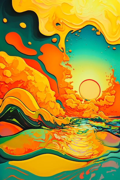 Vibrant Sunset Over Tropical Ocean A Serene abstract Liquid Background on Sandy Beach