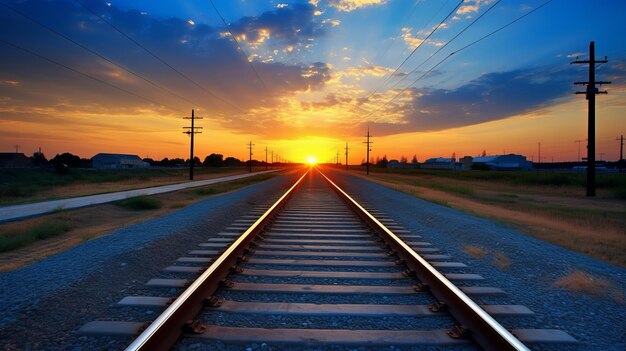 Photo vibrant sunset on village railway ideal for scenic photography and capturing the beauty of nature