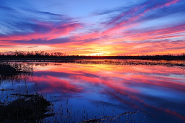 Vibrant sunset with dramatic clouds reflected over a tranquil lake