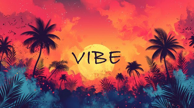 Vibrant Sunset with Palm Trees and Bold Vibe Text Illustration