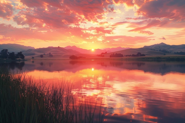 Vibrant sunsets over tranquil lakes