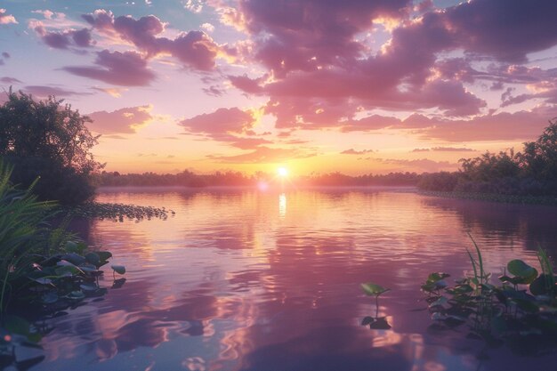 Vibrant sunsets over tranquil lakes