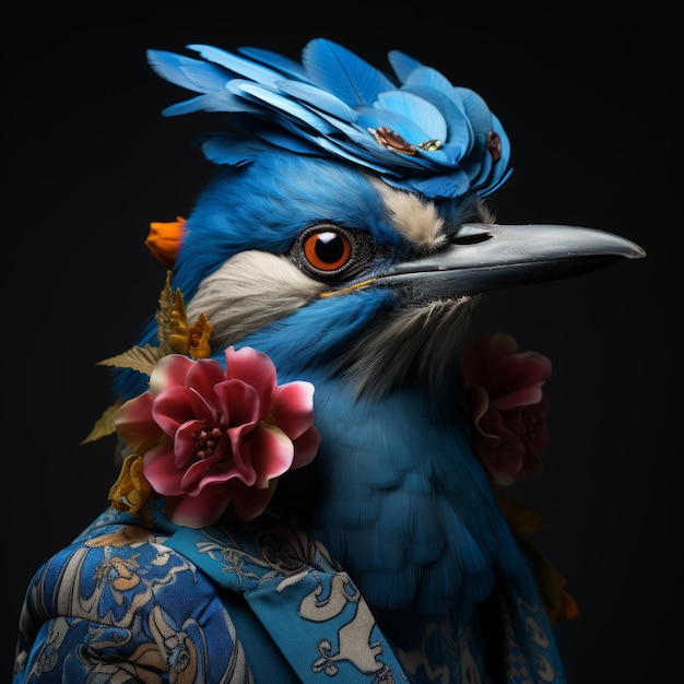 Photo vibrant and surreal blue jay fashion a photographic portrait