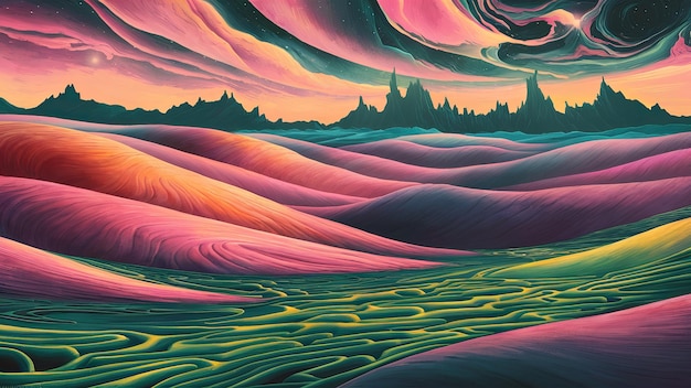 Живая сюрреалистическая пейзажная картина, изображающая волны красочных холмов под очаровательным закатным небом, вызывающая чувство фантазии и чудес