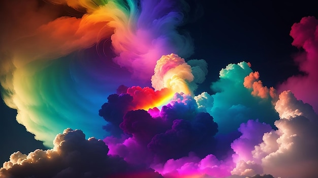 Photo a vibrant swirling cloud of smoke illuminated by a spectrum of rainbow hues