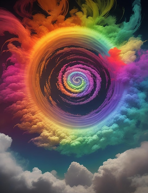 A vibrant swirling cloud of smoke illuminated by a spectrum of rainbow hues