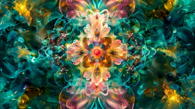 Vibrant symmetrical fractal art with a floral motif in mesmerizing colors