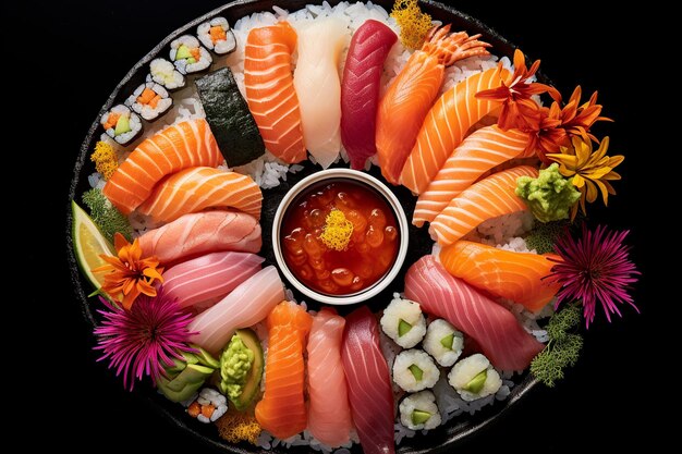 Foto vibrant symphony topdown een glimp van een authentieke japanse sushi-plaat