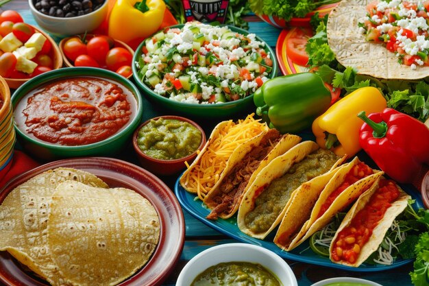 A vibrant table is loaded with a variety of tacos bowls of salsa guacamole and other delicious Mexican food delights