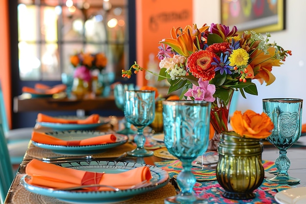 Vibrant table setting with colorful flowers and blue glassware