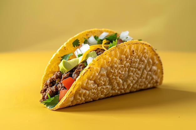 A vibrant taco filled with beef cheese tomato avocado and fresh cilantro on a yellow background