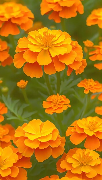 庭の麗なタゲテス・パトゥラの花複雑なオレンジ色と黄色の花びらのクローズアップ