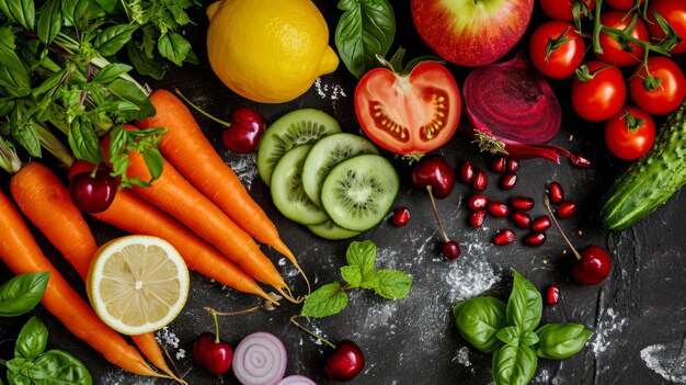 Photo vibrant tapestry of fresh produce a delectable assortment of colorful vegetables and fruits capture