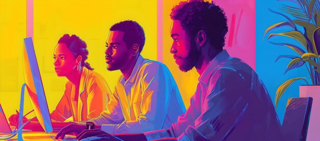 Vibrant teamwork in action young professionals engaged in creative tasks at a modern workspace colorful digital illustration AI