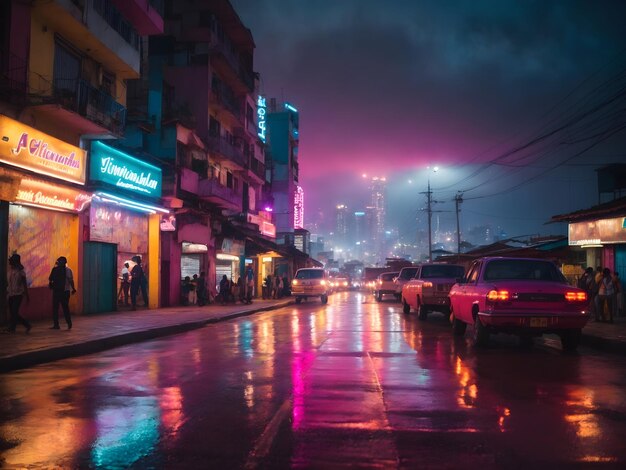 A vibrant technicolor cityscape of Colombia illuminated by the glow of digital screens and neon