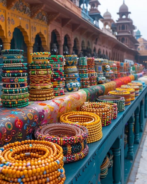 Foto lo sfondo di un vivace mercato della festa di teej