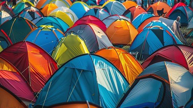 活気のあるテントシティ 屋外フェスティバルキャンプイベントのカラフルなテントのショット