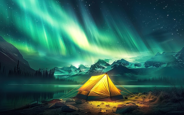 A vibrant tent glows under the mesmerizing Aurora Borealis