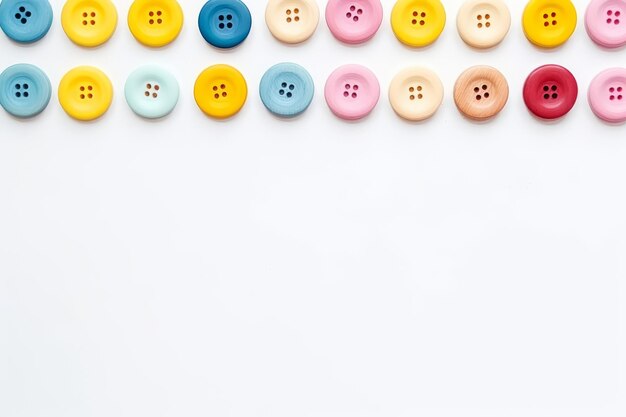 Vibrant Threads and Wooden Buttons on a Serene White Background Captivating Top View Flat Lay Compo