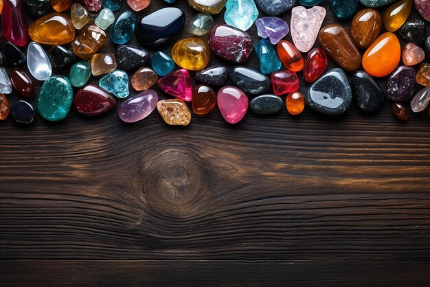 Photo vibrant top view colorful stones on wooden background abstract natural composition created with gene