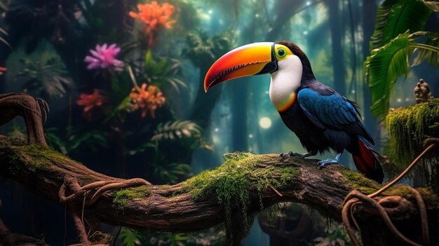 Photo vibrant toucan perching on branch in tropical rainforest