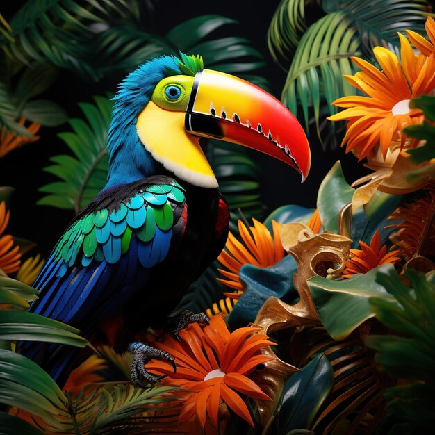 Vibrant toucan resting on a tropical palm tree