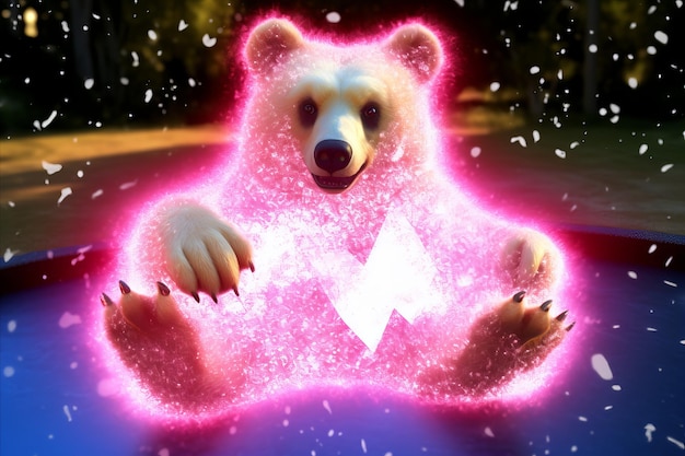 Фото Живой игрушечный медведь с большим ярким улыбающимся лицом, держащий красочное 3d-сердце, украшенное блеском