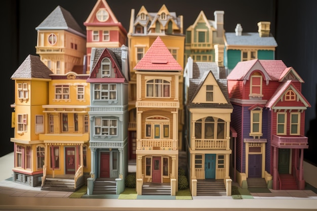 異なる色の建物を持つ活気に満ちたおもちゃの町の街路の詳細なミニチュアのイラスト