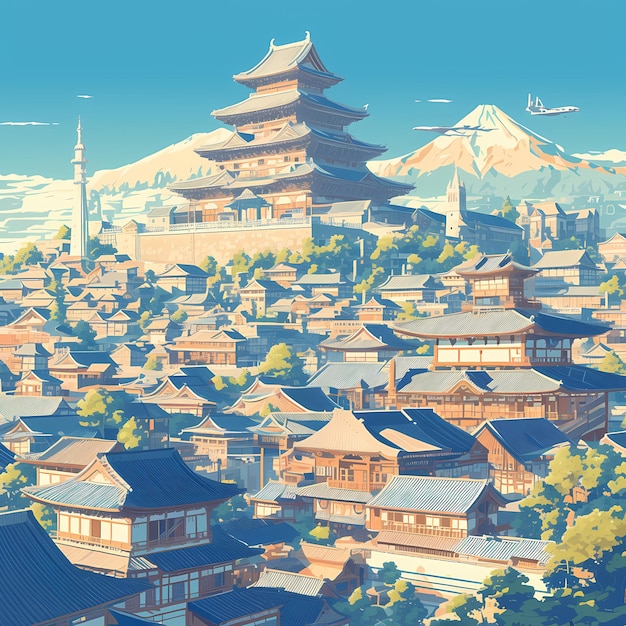 Vibrant Traditional Japanese Village Artistic MiyazakiInspired Landscape