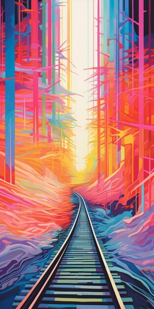 Photo vibrant train track painting a hauntingly beautiful illustration by jack hughes
