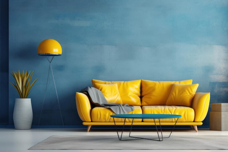 Photo vibrant treasures blending blue and yellow walls in a modern home decor style