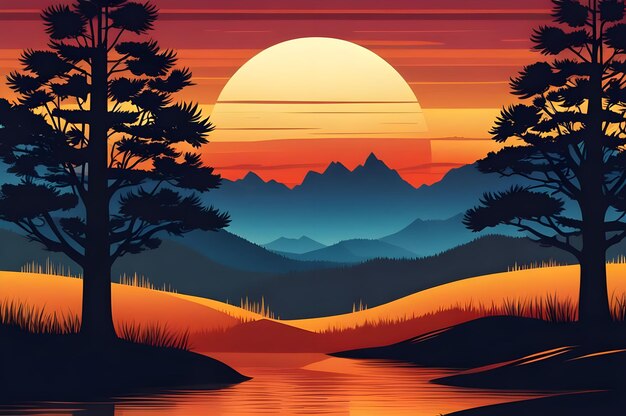Vibrant Tree and River Sunset Illustration background
