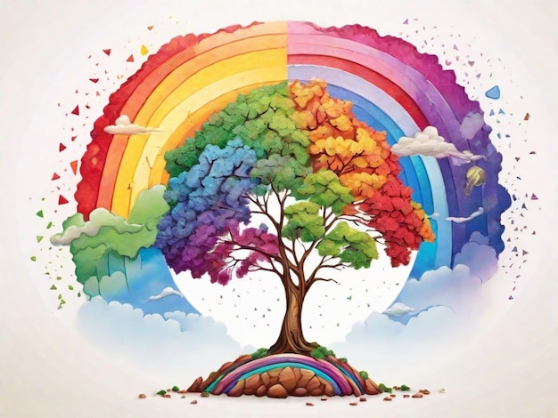 A vibrant tree stands beneath a colorful rainbow