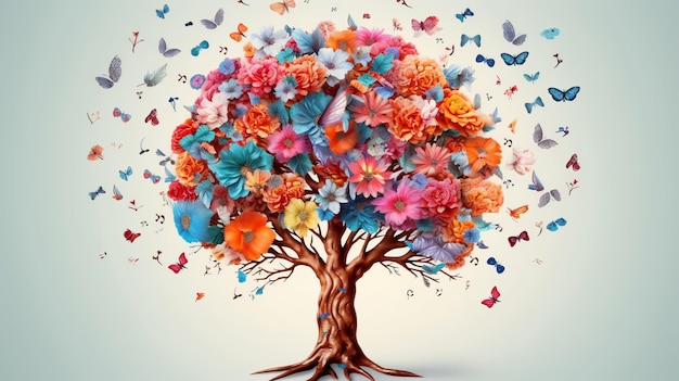 A vibrant tree surrounded by fluttering butterflies Generative ai