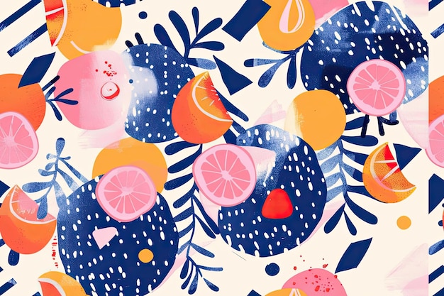 A vibrant trendy 1980s style seamless pattern with citrus blue flowers and sprigs geometric shapes