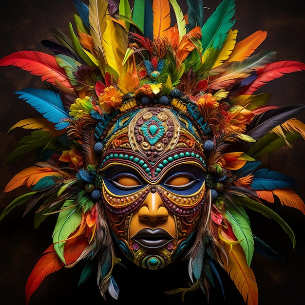 Photo vibrant tribal mask in a lush tropical rainforest