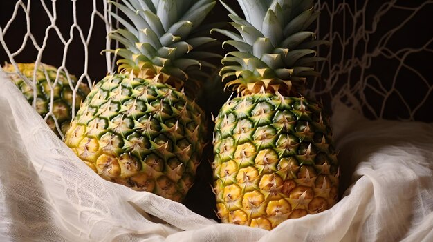 Vibrant Trio of Pineapples Nestled in a Convenient Net Bag for Easy A