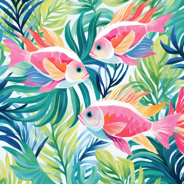 Vibrant Tropical Fish Pattern With Palm Leaves