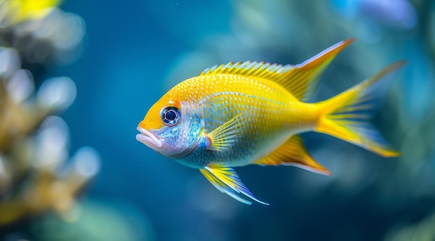 青い水族館で泳ぐ活気のある熱帯魚