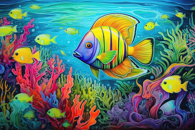 Vibrant Tropical Fish Underwater Painted With Crayons