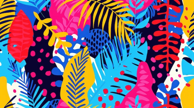 暗い背景に色とりどりの植物と葉が描かれた活気のある熱帯の葉っぱのパターン