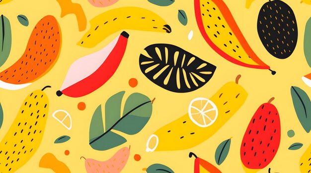 Photo vibrant tropical fruit pattern on a yellow background