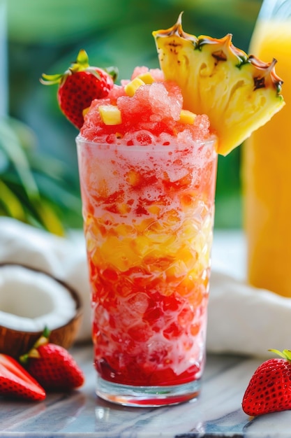 여름 식탁 에 있는 활기찬 열대 과일 슬러시 음료