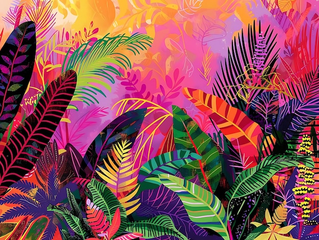 鮮やかな 熱帯 ジャングル の 絵画 に 色々 な 葉 と 花 が 描か れ て い ます