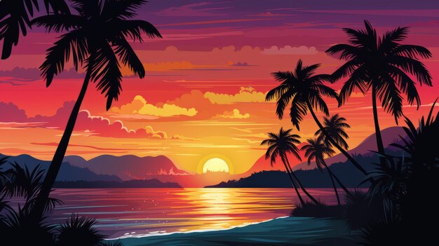 Vibrant Tropical Landscape Painting With Palm Trees And Ocean Sunset