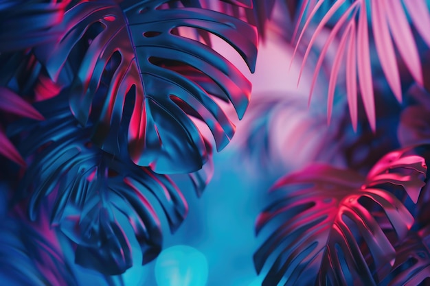 Vibrant tropical leaves in holographic neon colors Surreal concept