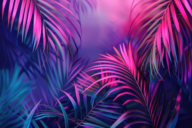 Vibrant tropical leaves in holographic neon colors Surreal concept