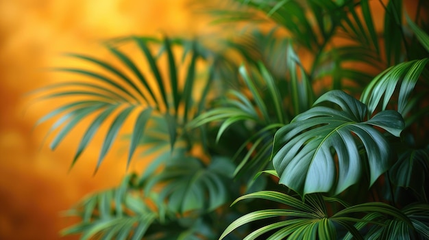 Vibrant Tropical Leaves on Sunny Yellow Background